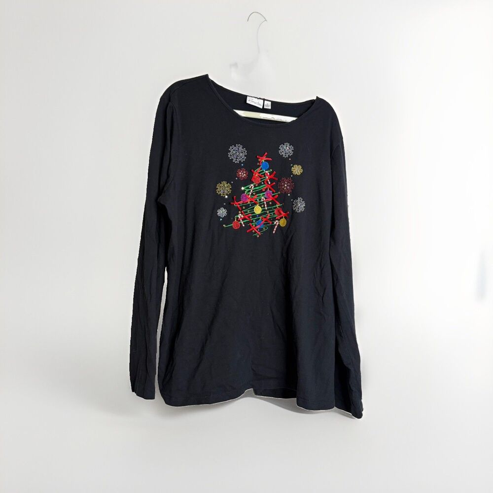 Kim Rogers Womens 1X Plus Black Knit Pullover Christmas Graphic Embroidered